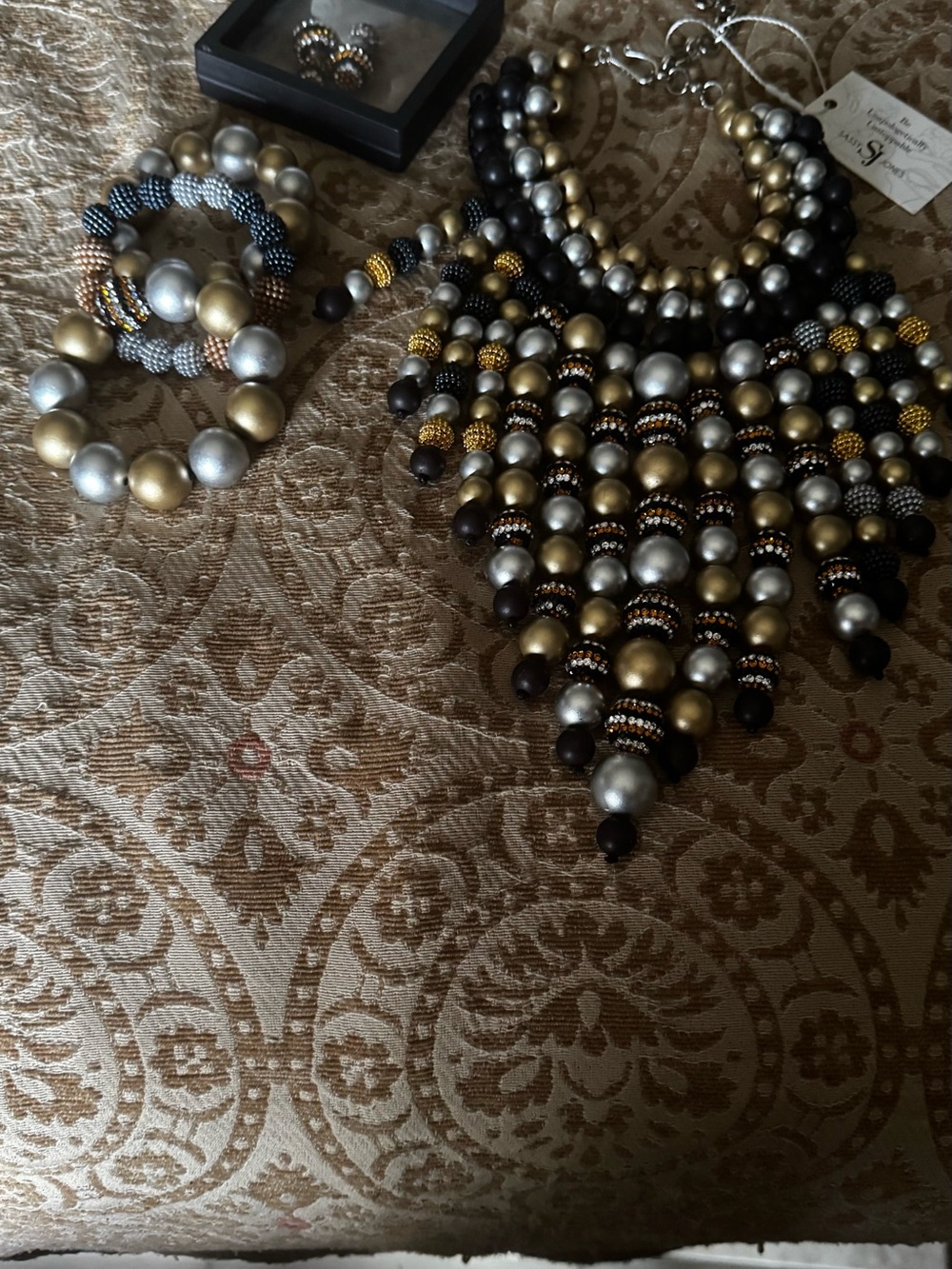 Beaded Statement Necklace and Bracelet Set in Gold, Silver & Black